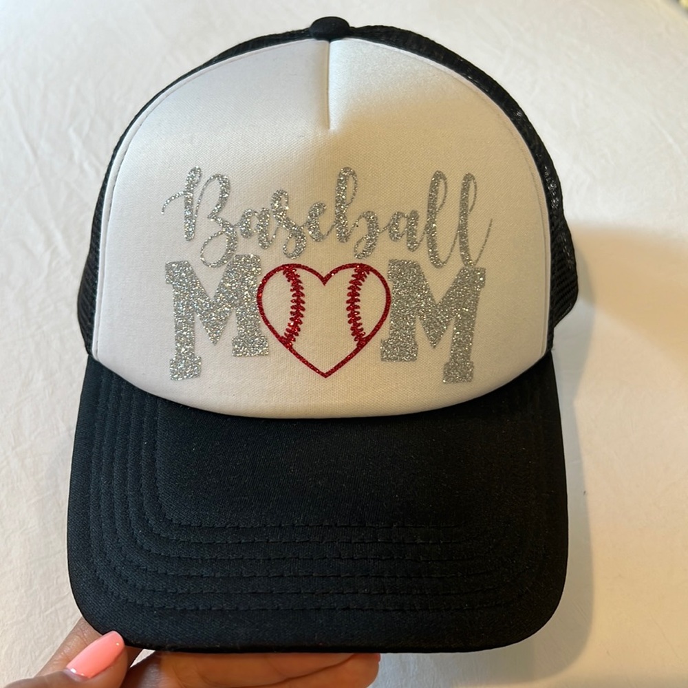 Adjustable trucker “Baseball Mom” hat.